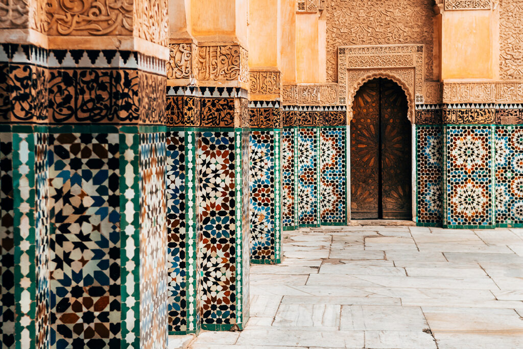 Colorful ornamental tiles at Moroccan courtyard