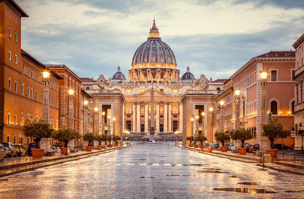St. Peter's Basilica in the evening from Via della Conciliazione