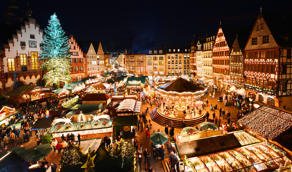 Christmas market on the Romans square in front of City Hall in Frankfurt, Germany