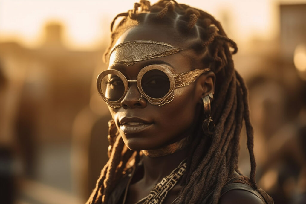 Portrait of young fashionable creative woman at outdoor desert festival