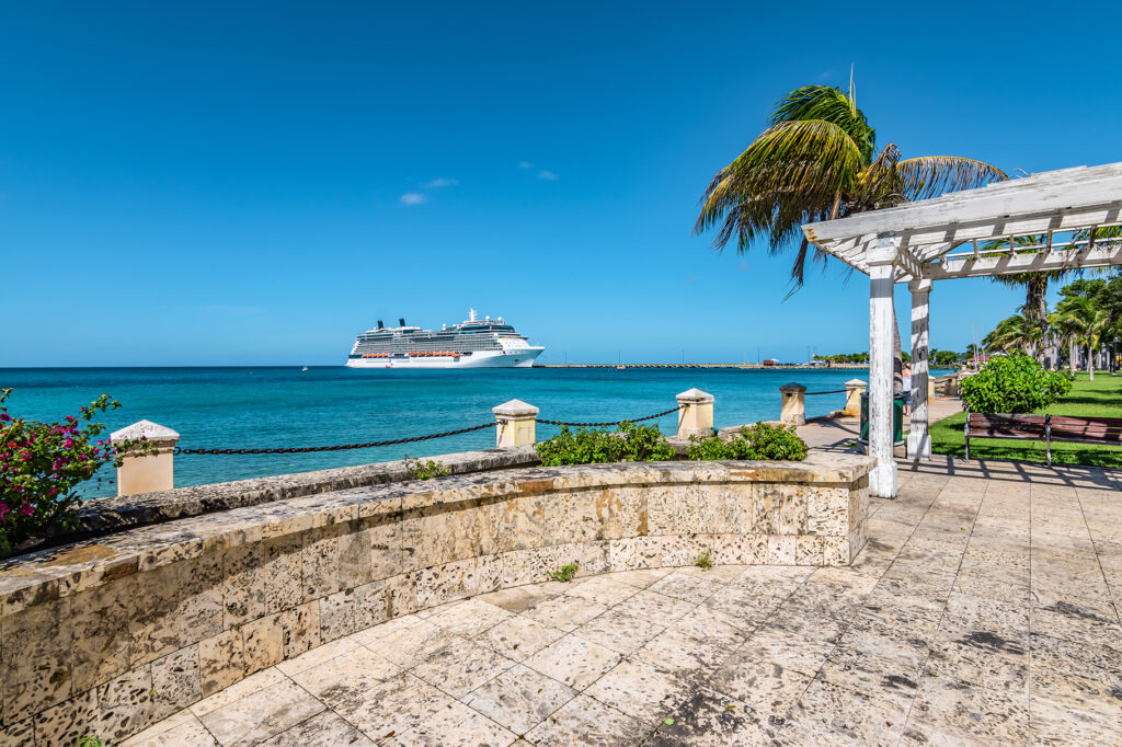 Waterfront of Saint Croix US Virgin Islands, Frederiksted. Docked Cruise ship in the background.