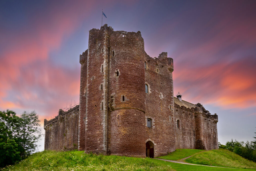 Sunset over Doune Castle in the Stirling district, Scotland.