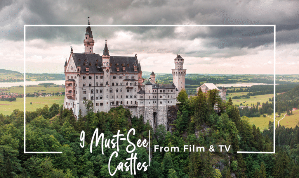 Beautiful Neuschwanstein Castle high on a hill with a cloudy sky